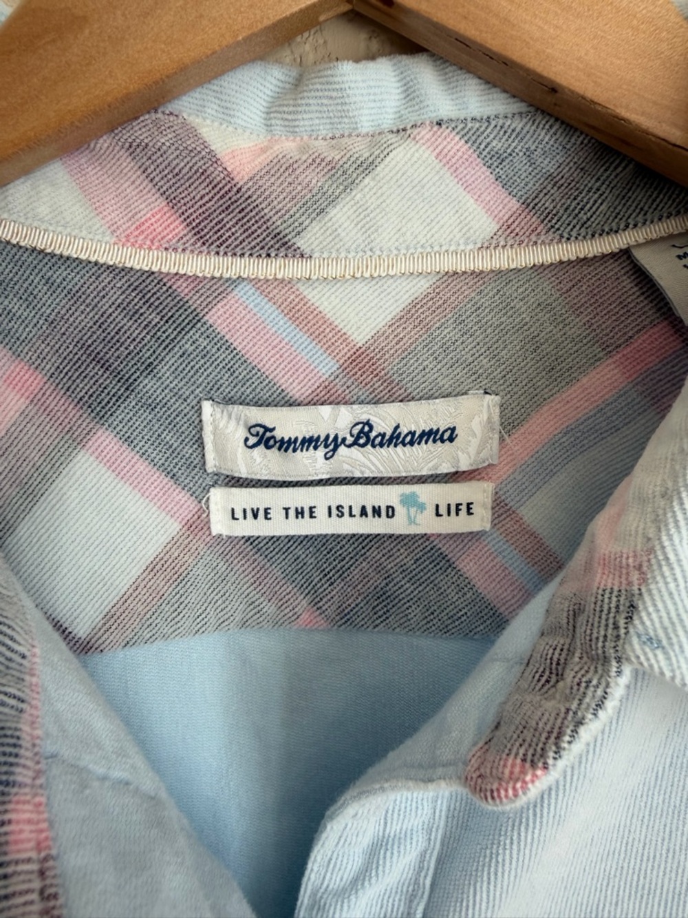 Tommy Bahama Coasta Corduroy Shirt Blue Women’s Size M Plaid Trim Cotton Stretch - Picture 2 of 10